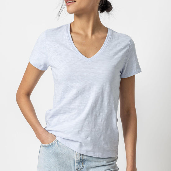 V-Neck Short Sleeve Back Seam Tee in color Hyacinth Image A1
