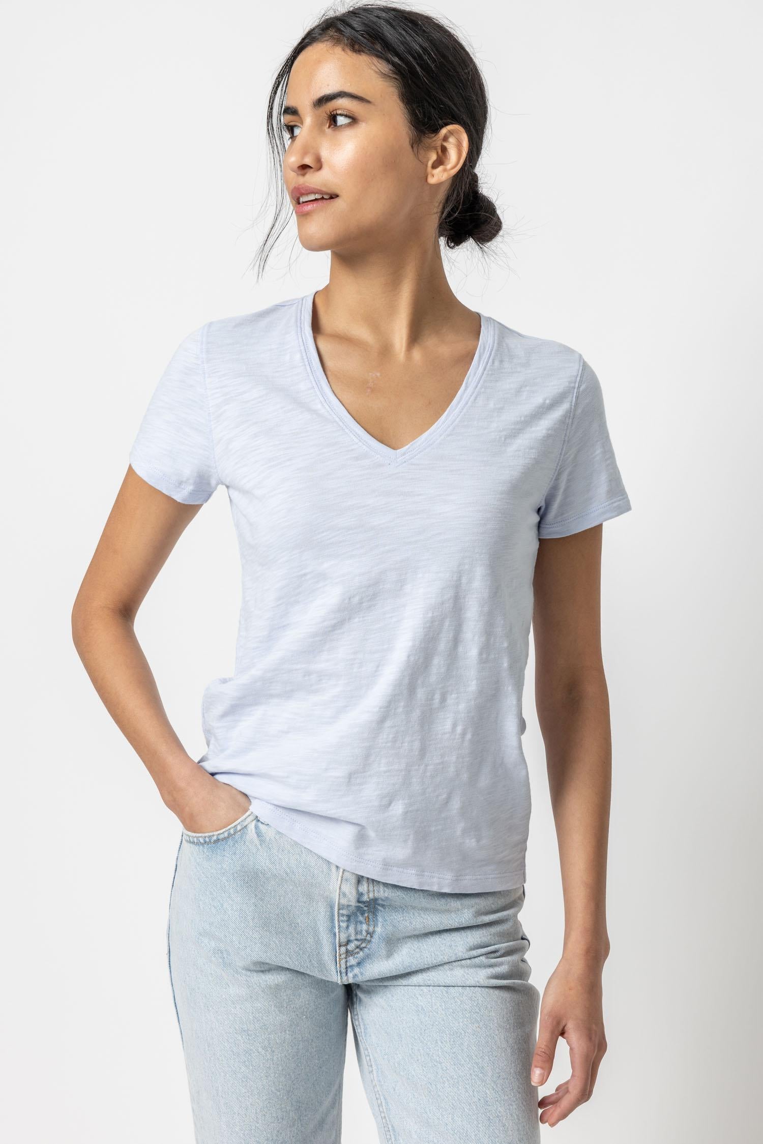 V-Neck Short Sleeve Back Seam Tee in color Hyacinth Image A1