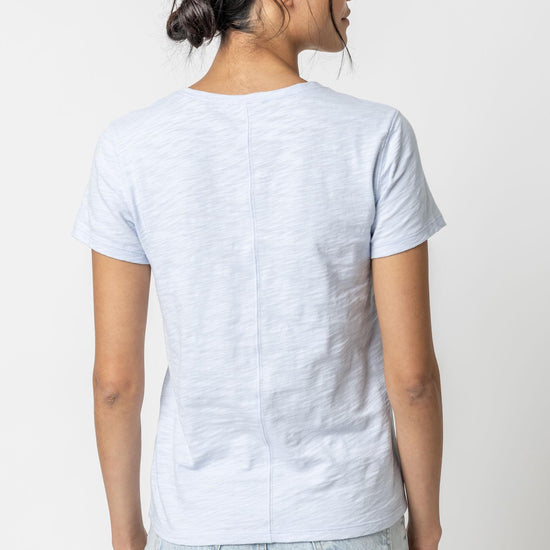 V-Neck Short Sleeve Back Seam Tee in color Hyacinth Image A2