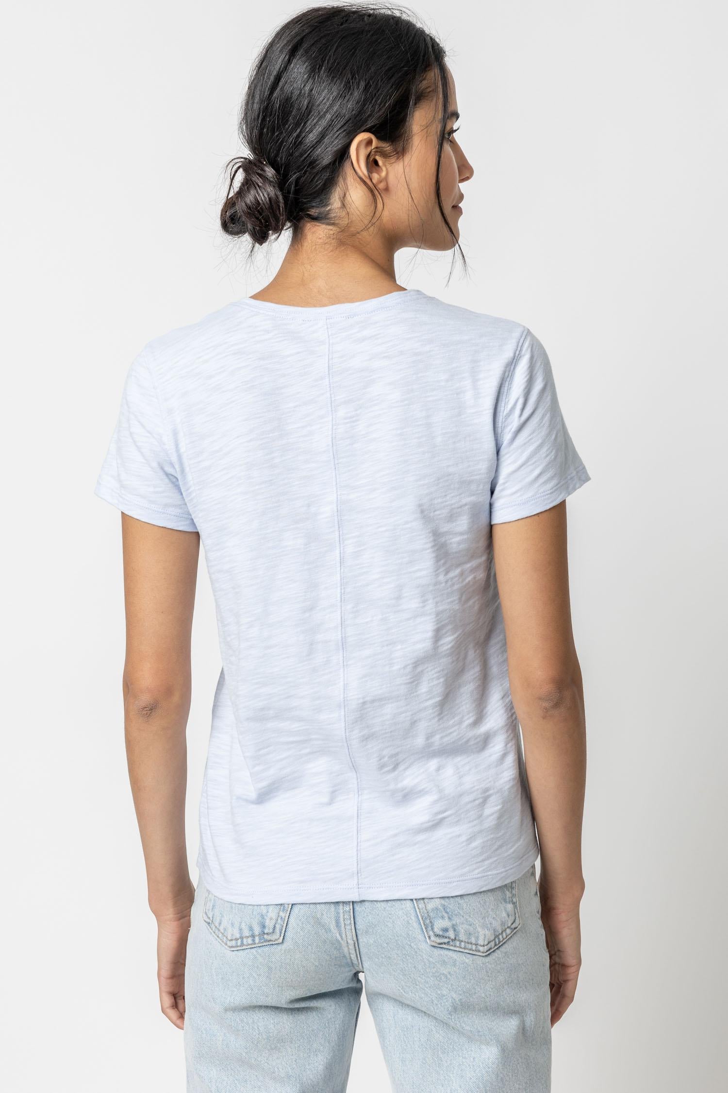 V-Neck Short Sleeve Back Seam Tee in color Hyacinth Image A2