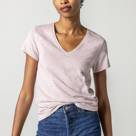V-Neck Short Sleeve Back Seam Tee in color Iced Lilac Image A1