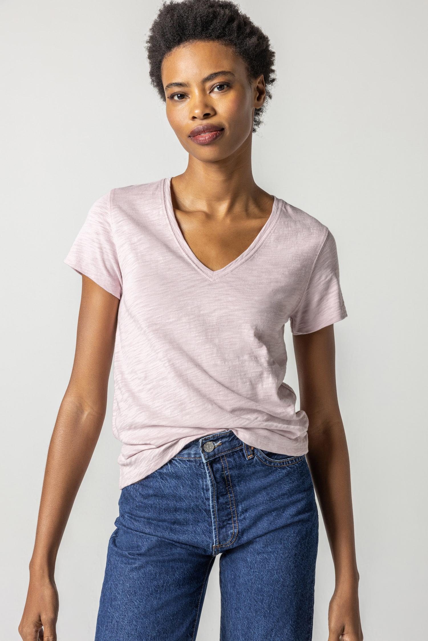 V-Neck Short Sleeve Back Seam Tee in color Iced Lilac Image A1