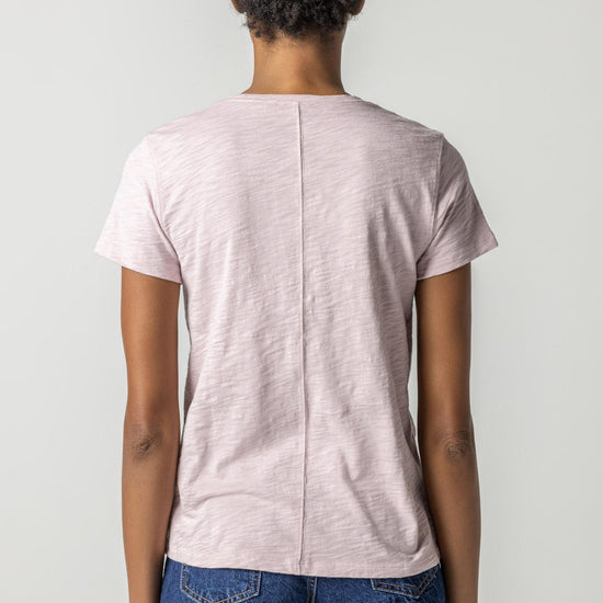 V-Neck Short Sleeve Back Seam Tee in color Iced Lilac Image A2