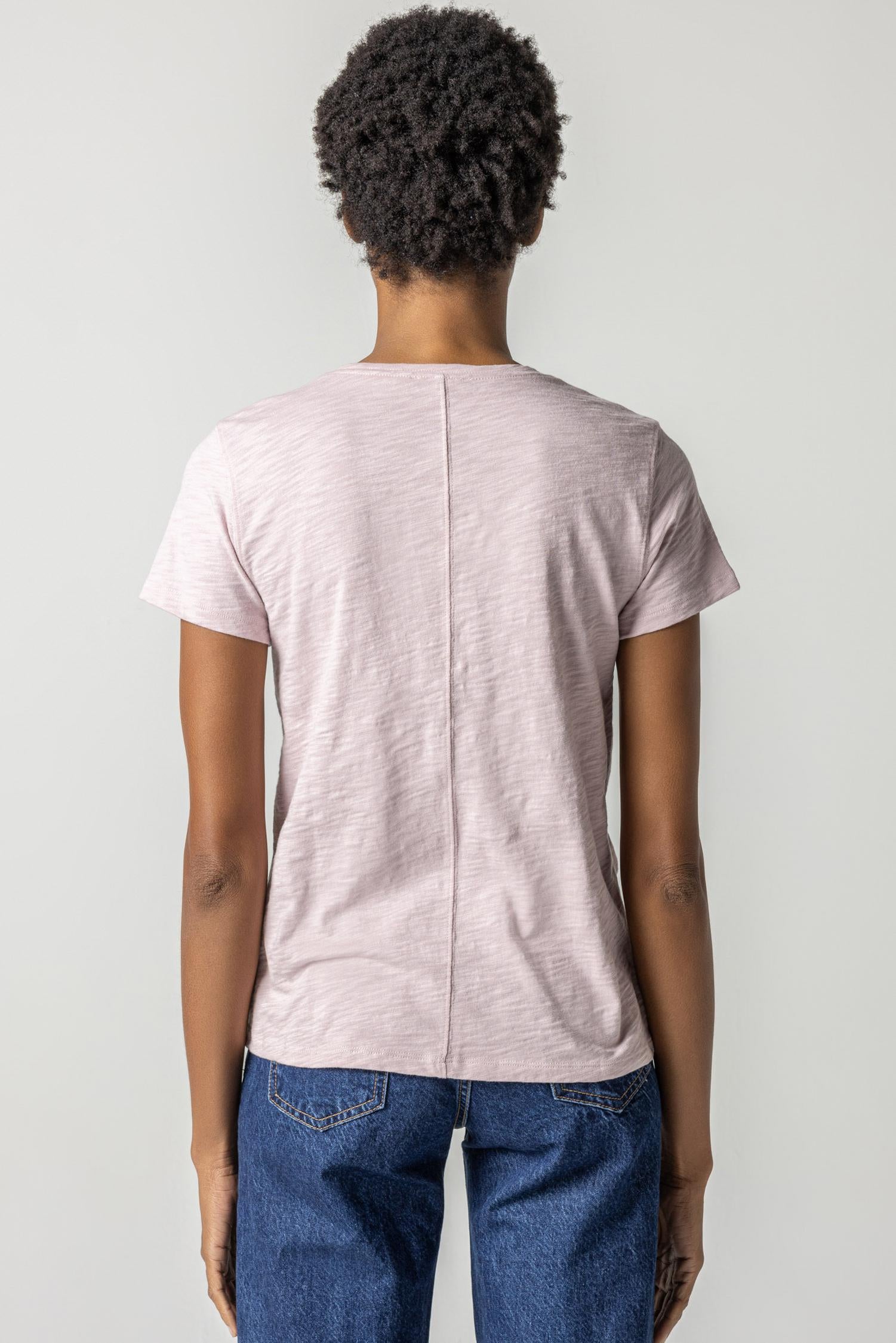 V-Neck Short Sleeve Back Seam Tee in color Iced Lilac Image A2