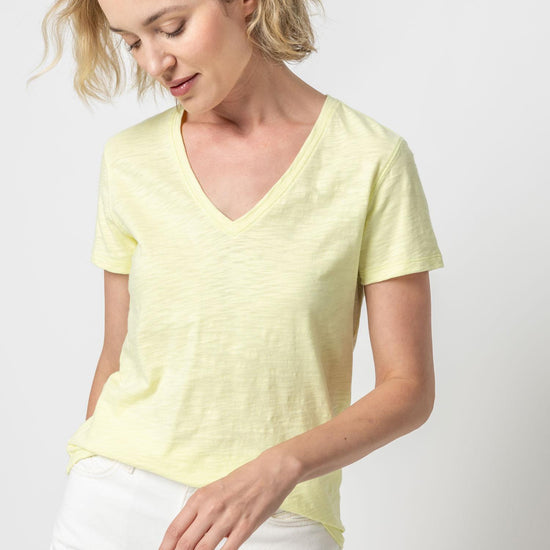 V-Neck Short Sleeve Back Seam Tee in color Limelight Image A1