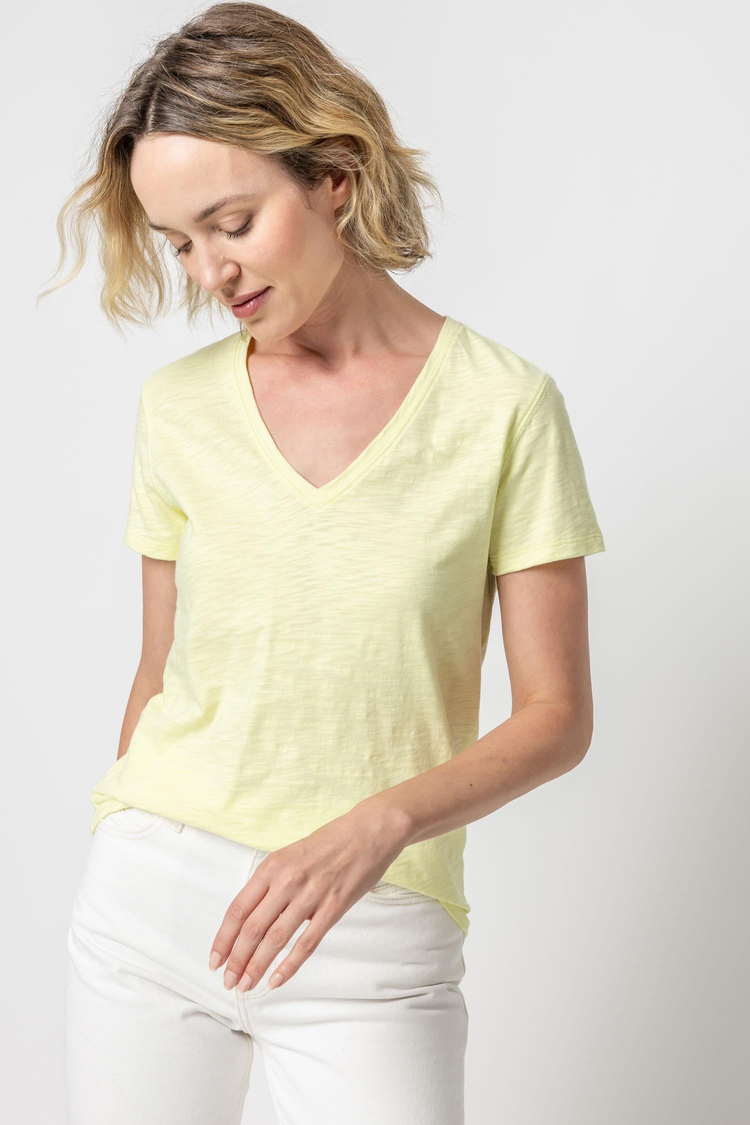 V-Neck Short Sleeve Back Seam Tee in color Limelight Image A1