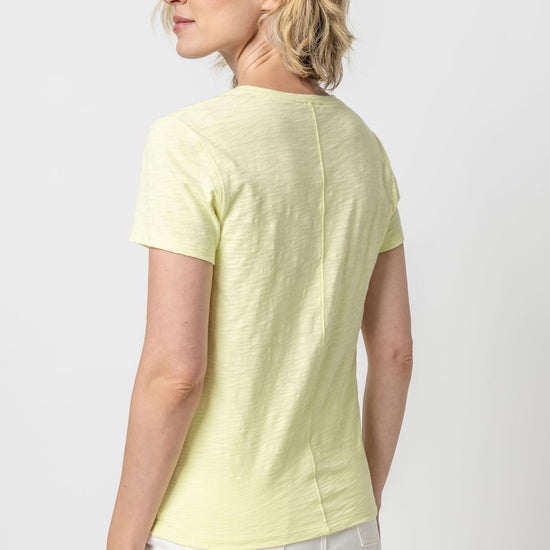V-Neck Short Sleeve Back Seam Tee in color Limelight Image A2