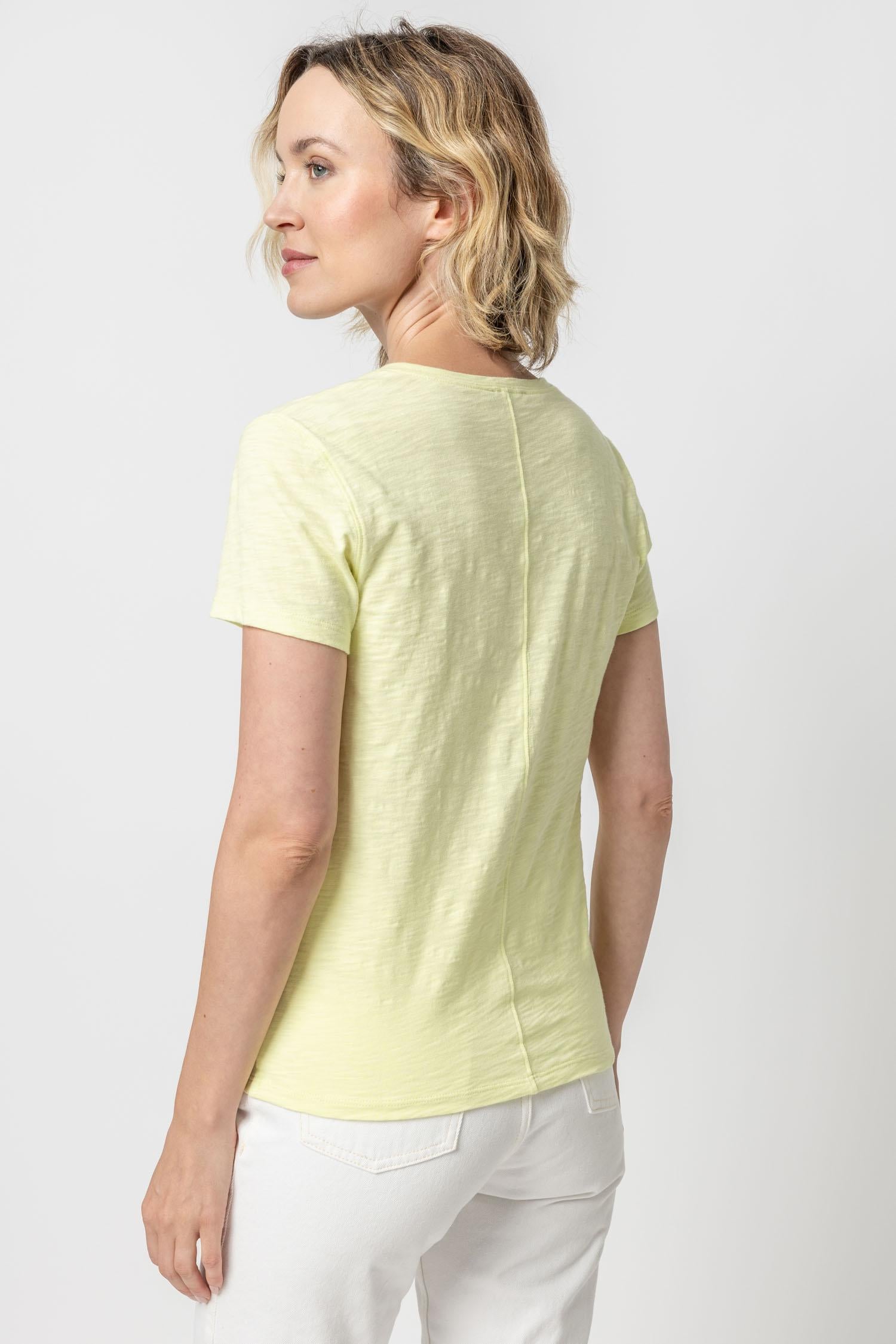 V-Neck Short Sleeve Back Seam Tee in color Limelight Image A2