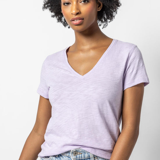 V-Neck Short Sleeve Back Seam Tee in color Lily Image A1