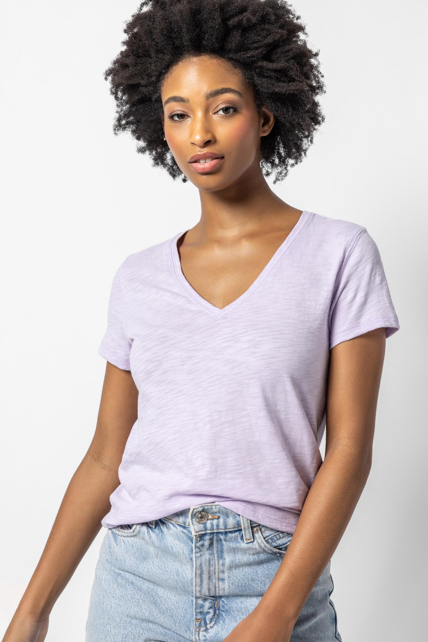 V-Neck Short Sleeve Back Seam Tee in color Lily Image A1