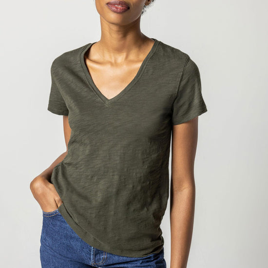 V-Neck Short Sleeve Back Seam Tee in color Loden Image A1