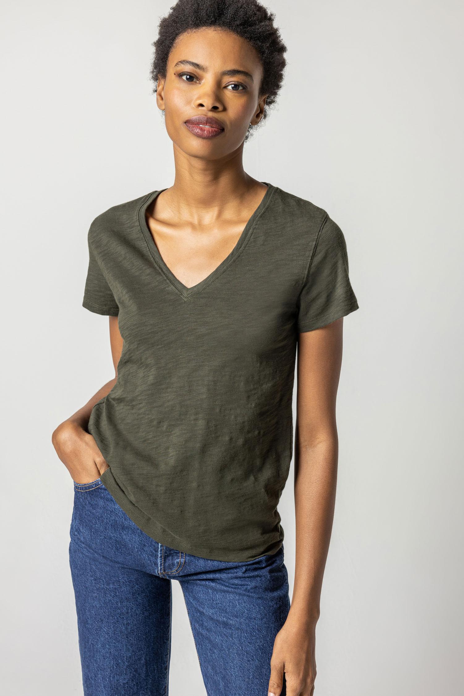 V-Neck Short Sleeve Back Seam Tee in color Loden Image A1