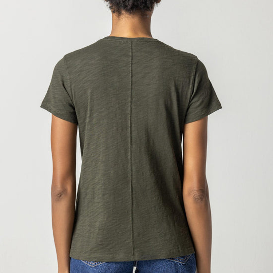 V-Neck Short Sleeve Back Seam Tee in color Loden Image A2