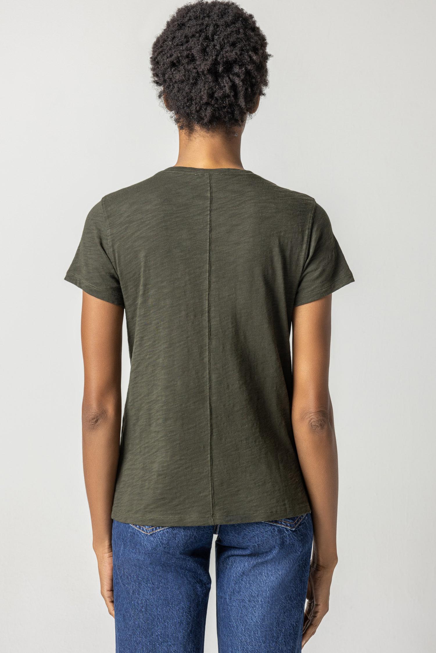 V-Neck Short Sleeve Back Seam Tee in color Loden Image A2