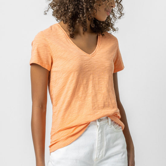 V-Neck Short Sleeve Back Seam Tee in color Melon Image A1