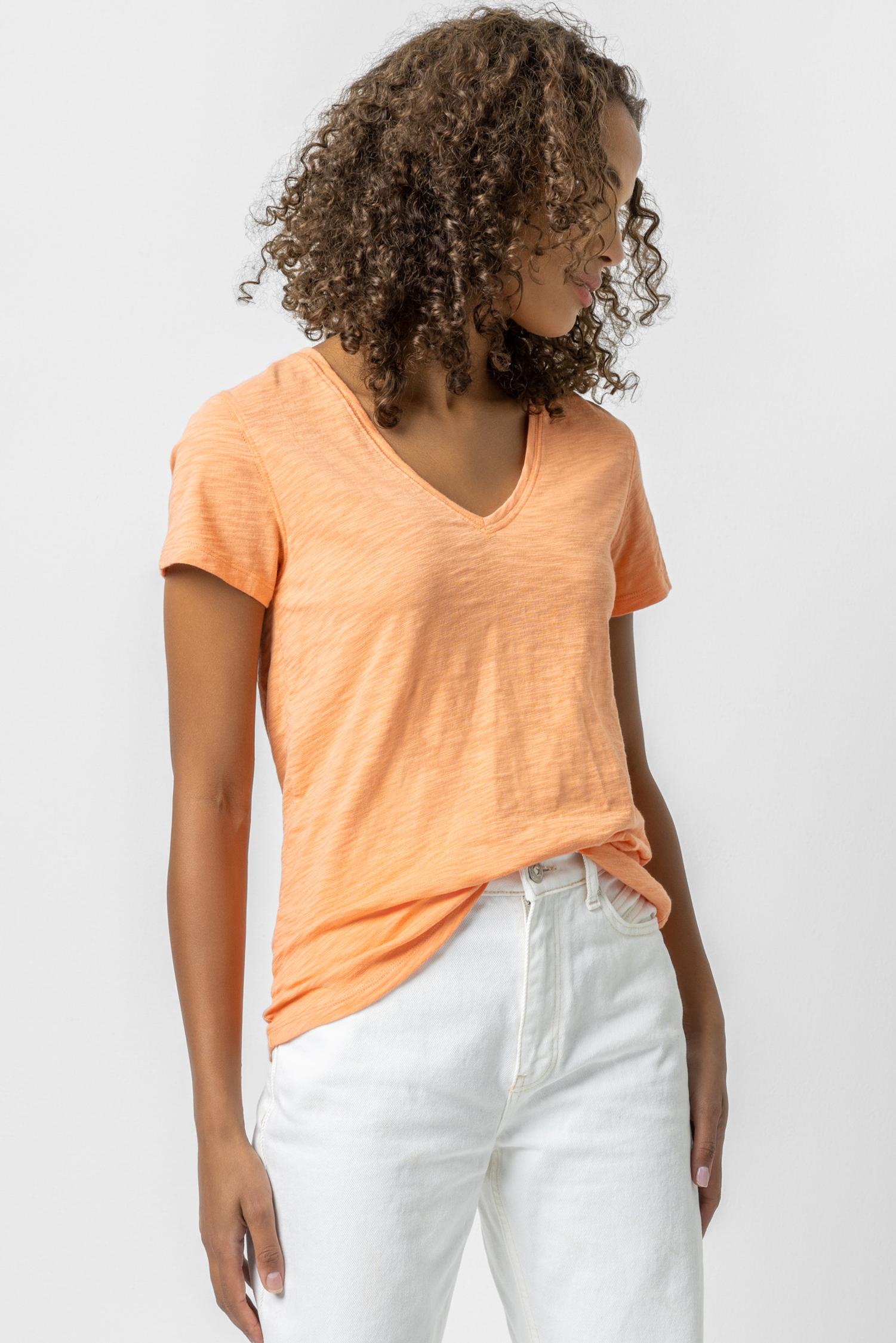 V-Neck Short Sleeve Back Seam Tee in color Melon Image A1