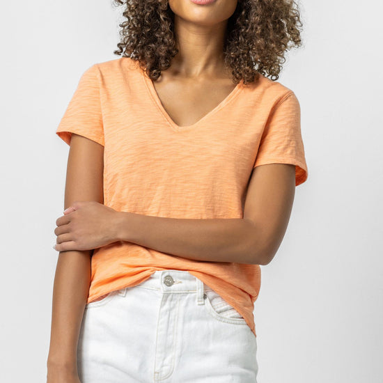 V-Neck Short Sleeve Back Seam Tee in color Melon Image A2