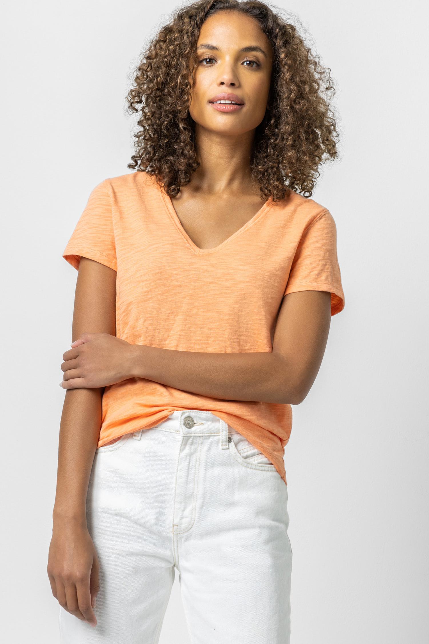 V-Neck Short Sleeve Back Seam Tee in color Melon Image A2