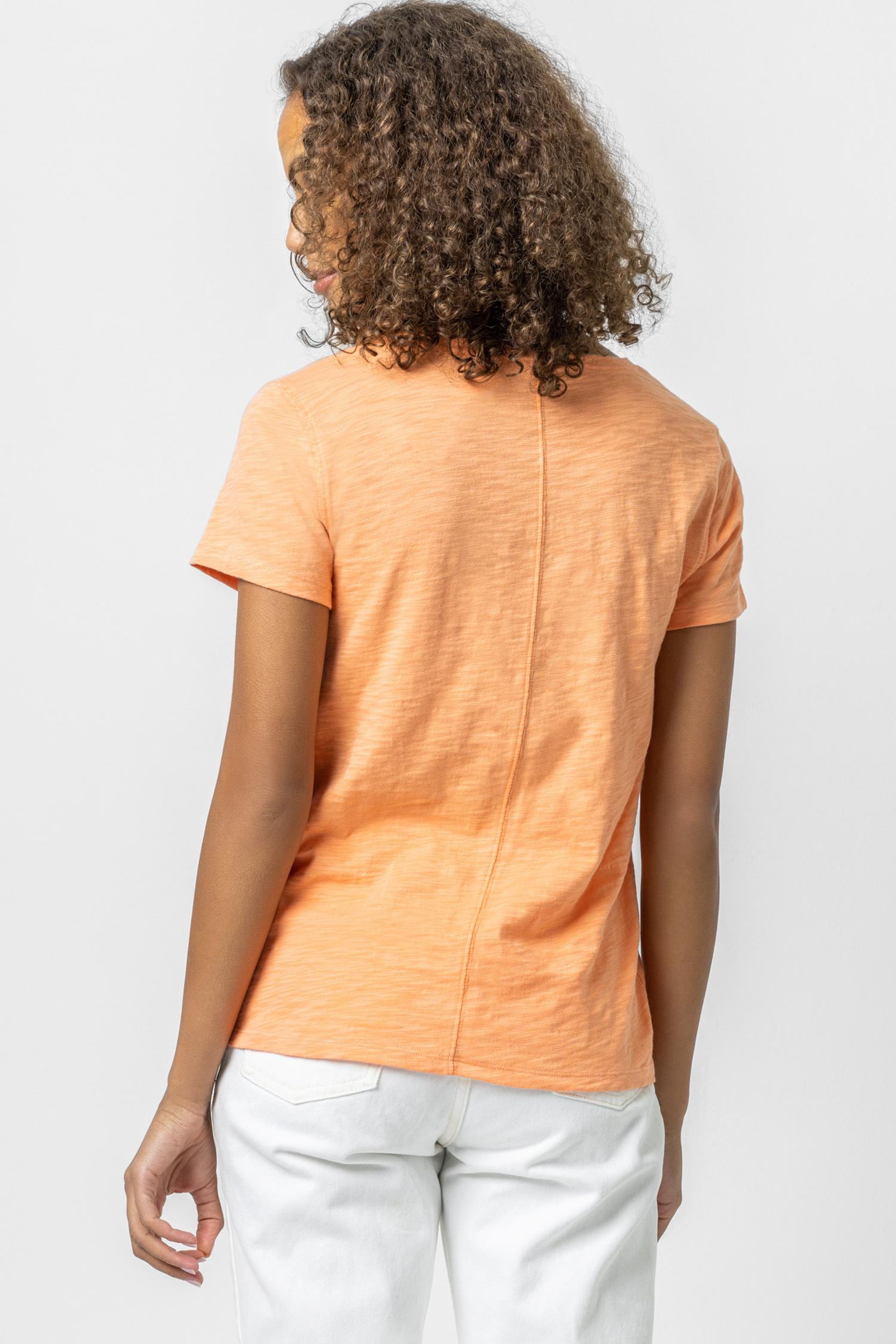 V-Neck Short Sleeve Back Seam Tee in color Melon Image A3