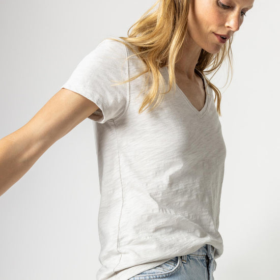 V-Neck Short Sleeve Back Seam Tee in color Nickel Image A1
