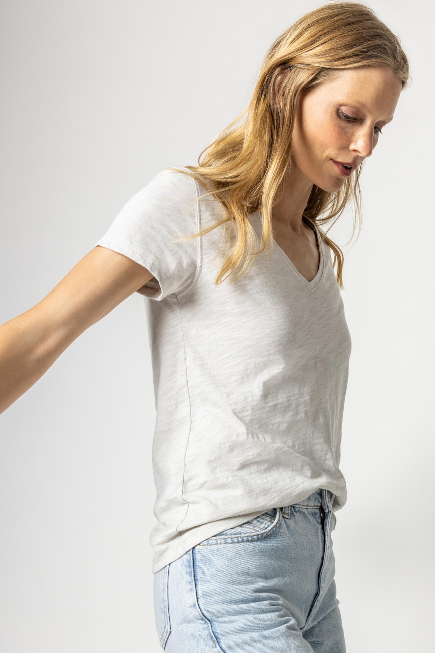 V-Neck Short Sleeve Back Seam Tee in color Nickel Image A1