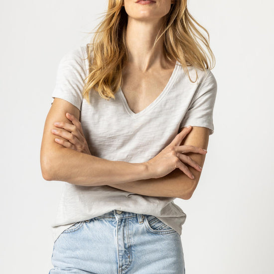 V-Neck Short Sleeve Back Seam Tee in color Nickel Image A2