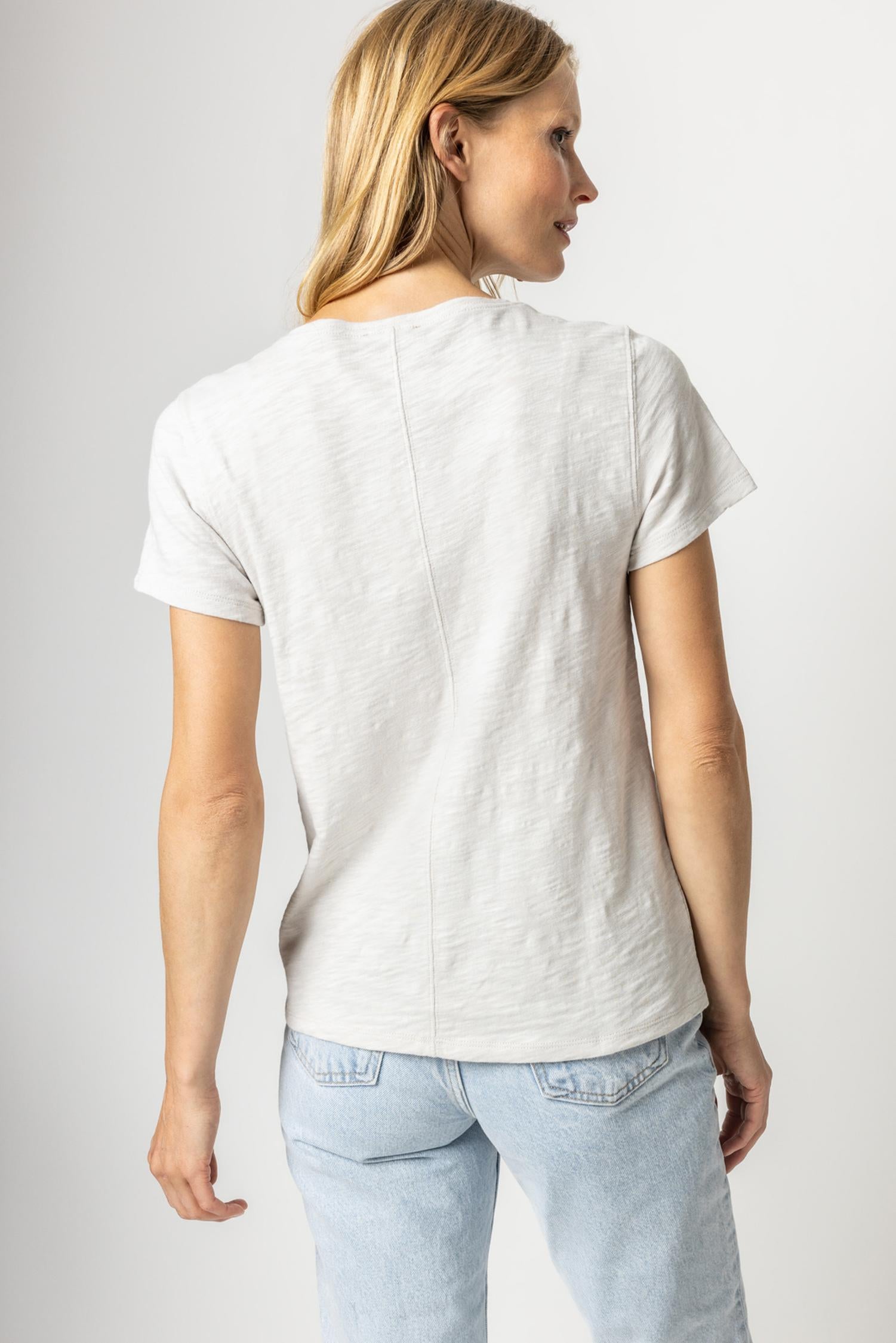 V-Neck Short Sleeve Back Seam Tee in color Nickel Image A3