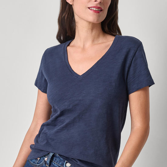 V-Neck Short Sleeve Back Seam Tee in color Navy Image A1