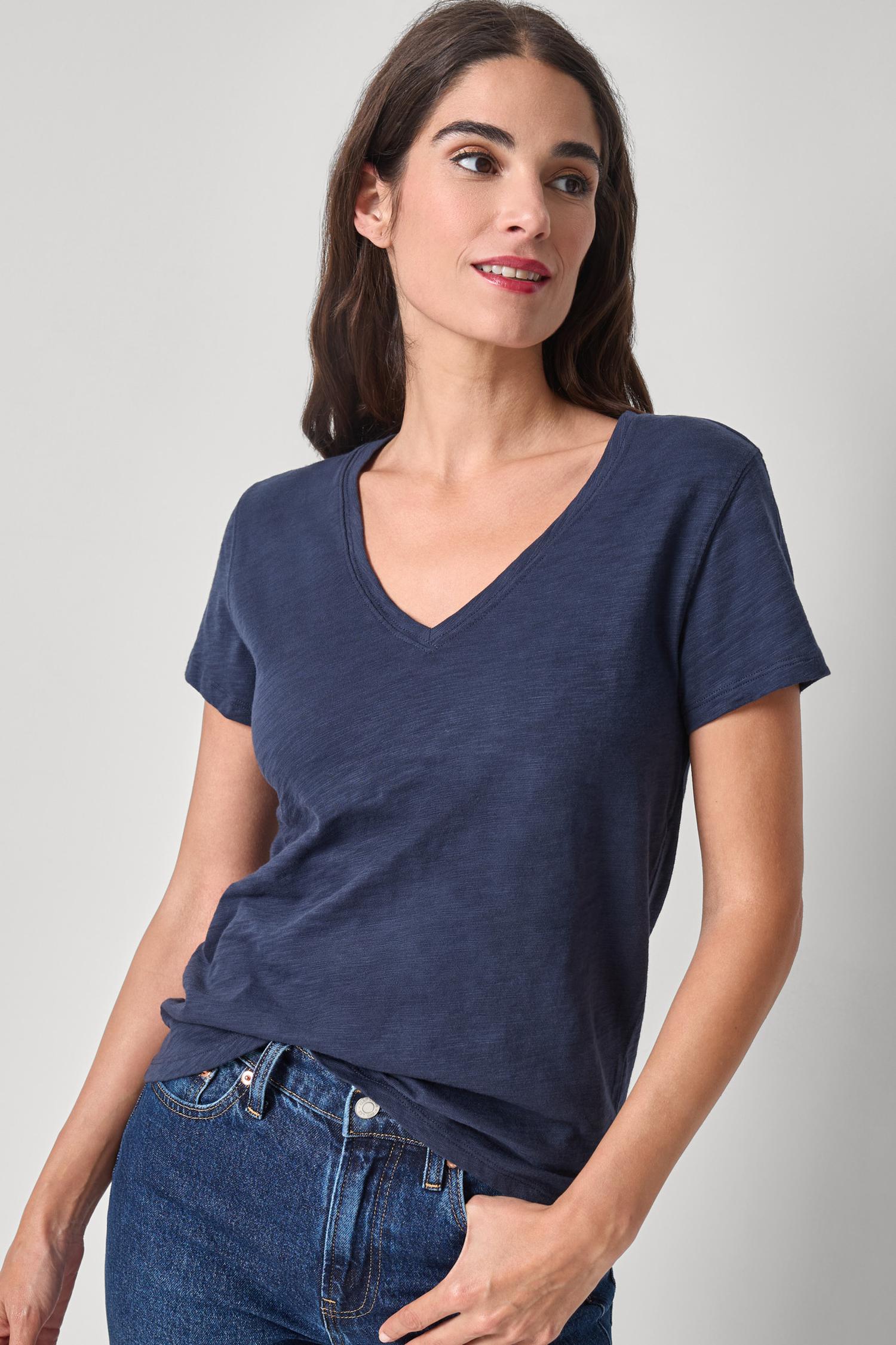 V-Neck Short Sleeve Back Seam Tee in color Navy Image A1