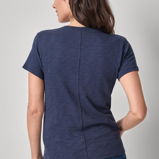 V-Neck Short Sleeve Back Seam Tee in color Navy Image A2
