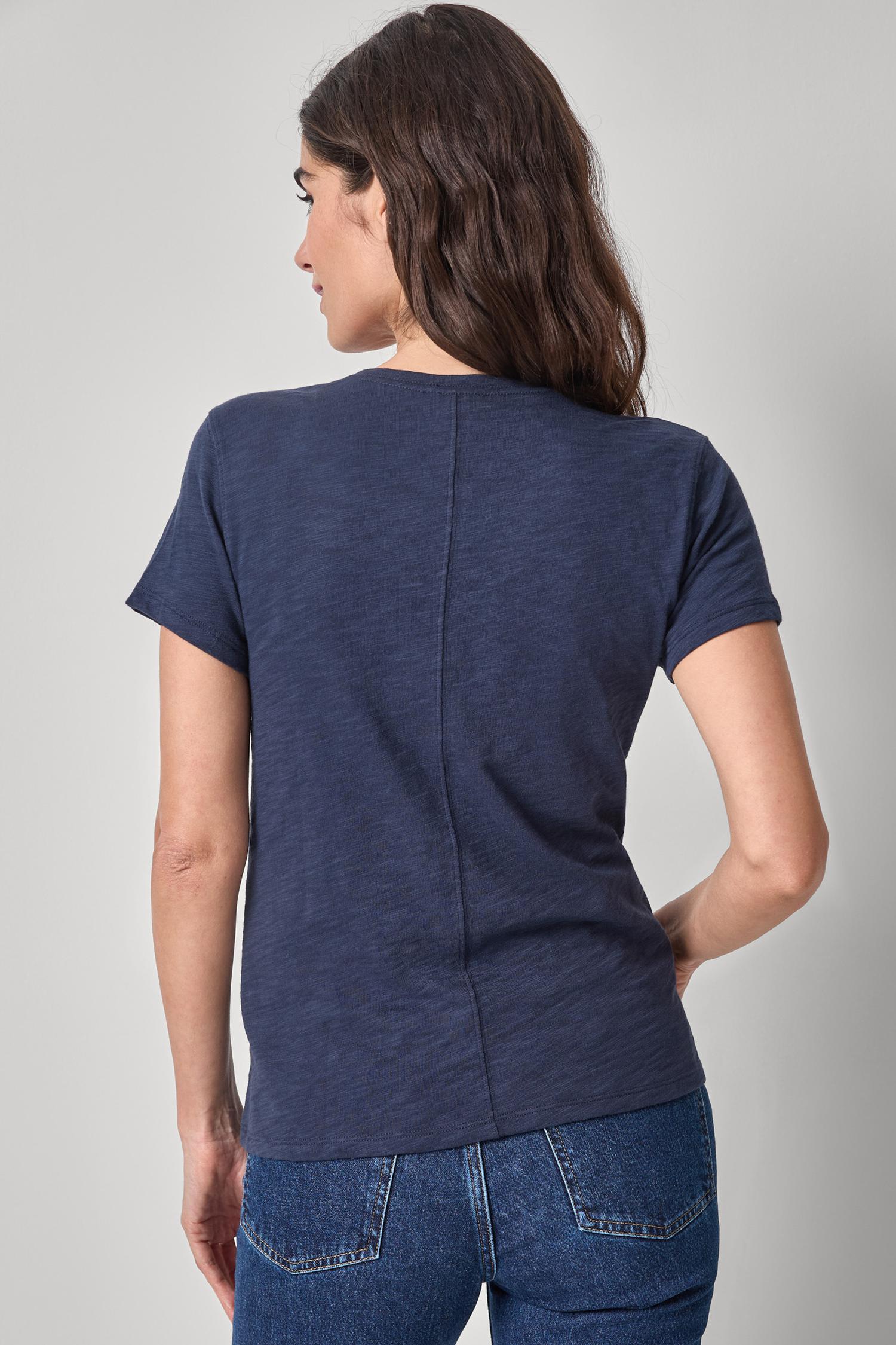 V-Neck Short Sleeve Back Seam Tee in color Navy Image A2