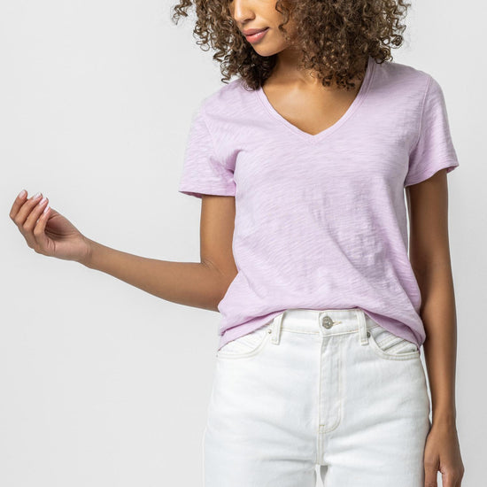 V-Neck Short Sleeve Back Seam Tee in color Orchid Image A1
