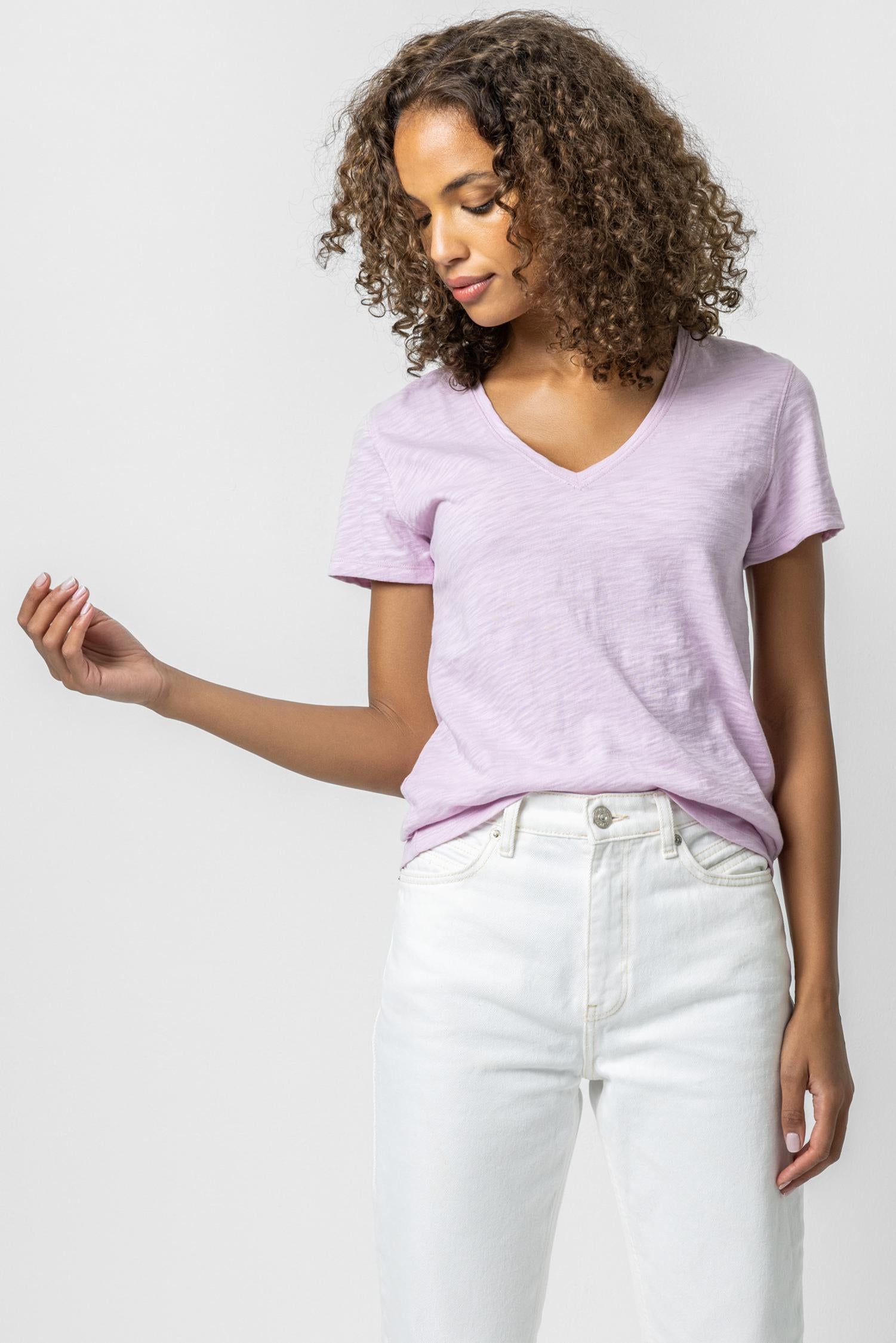 V-Neck Short Sleeve Back Seam Tee in color Orchid Image A1