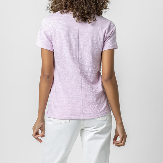 V-Neck Short Sleeve Back Seam Tee in color Orchid Image A2