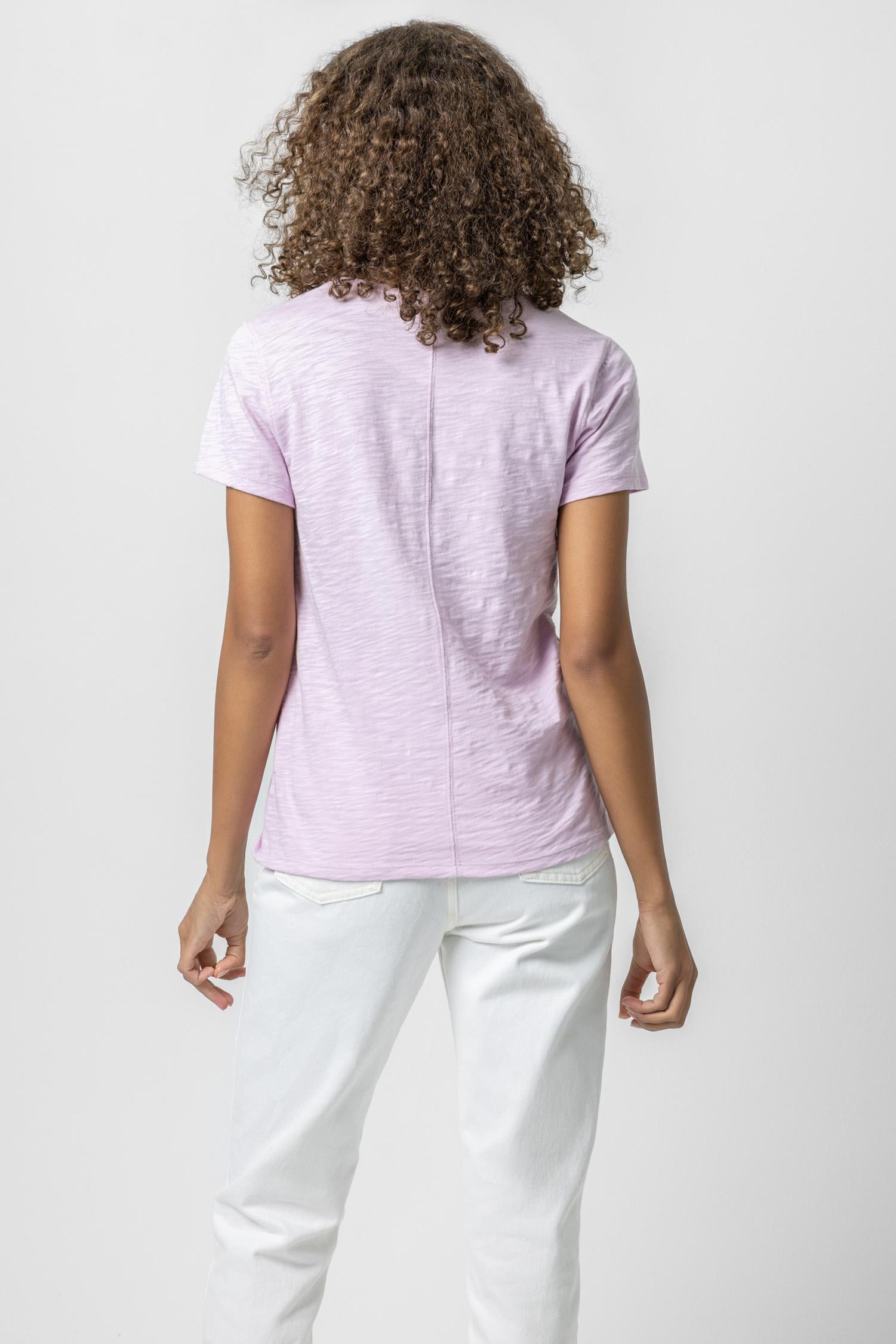 V-Neck Short Sleeve Back Seam Tee in color Orchid Image A2