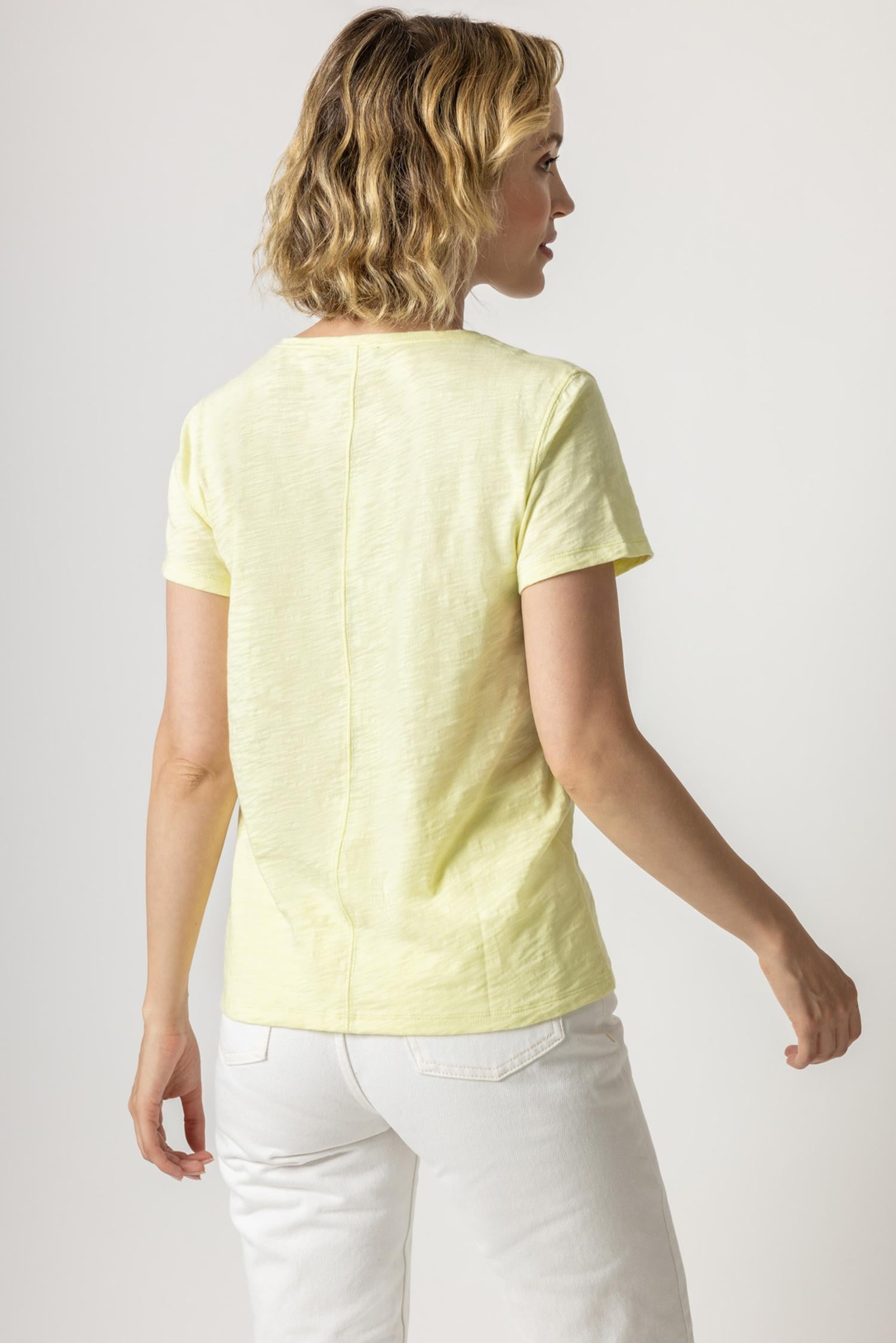 V-Neck Short Sleeve Back Seam Tee in color Pear Image A2