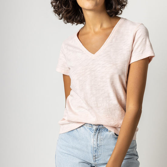 V-Neck Short Sleeve Back Seam Tee in color Pink Blossom Image A1