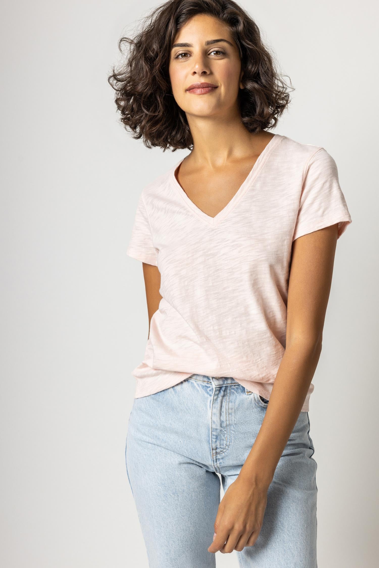 V-Neck Short Sleeve Back Seam Tee in color Pink Blossom Image A1