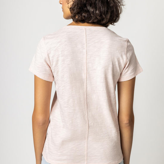 V-Neck Short Sleeve Back Seam Tee in color Pink Blossom Image A2