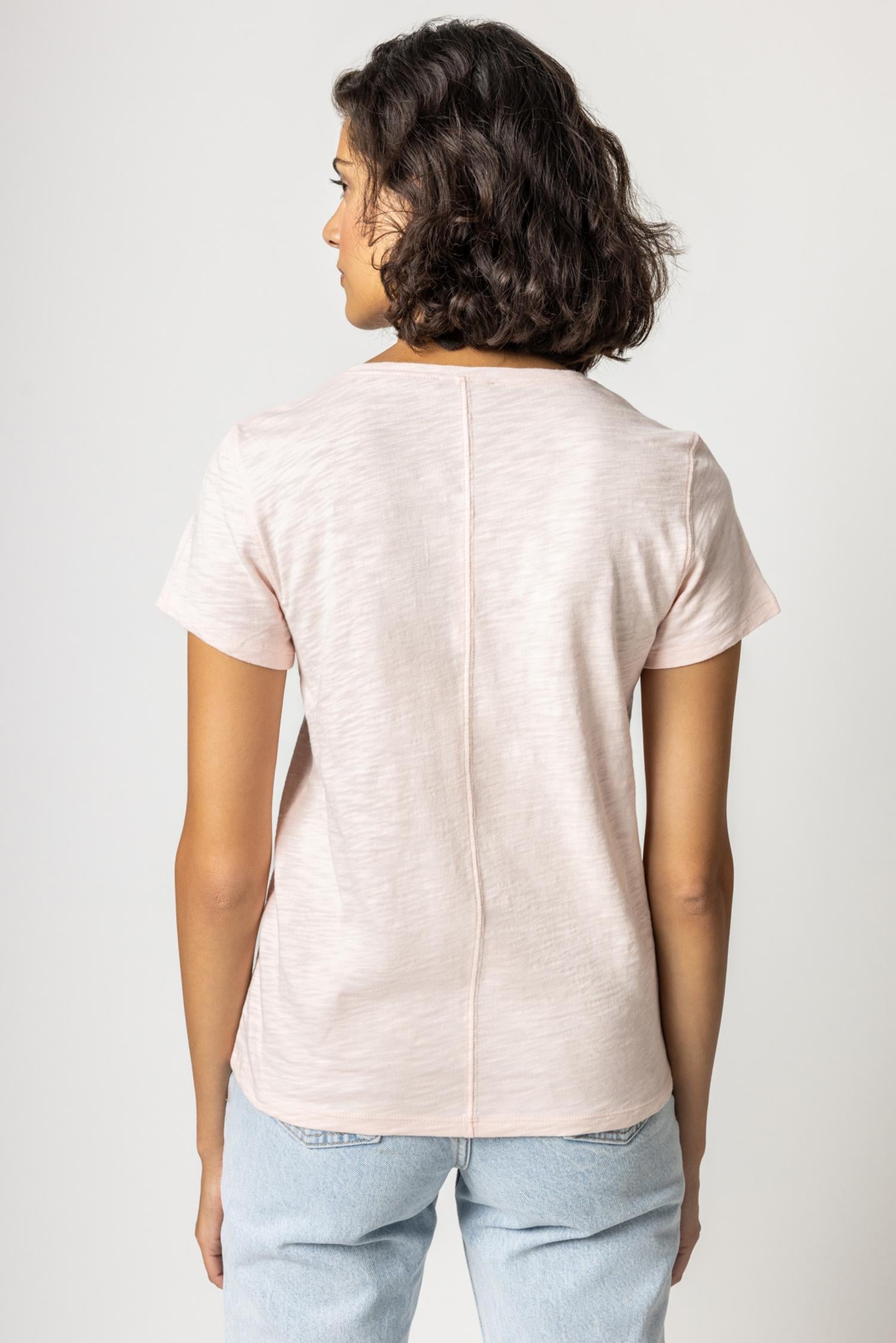 V-Neck Short Sleeve Back Seam Tee in color Pink Blossom Image A2