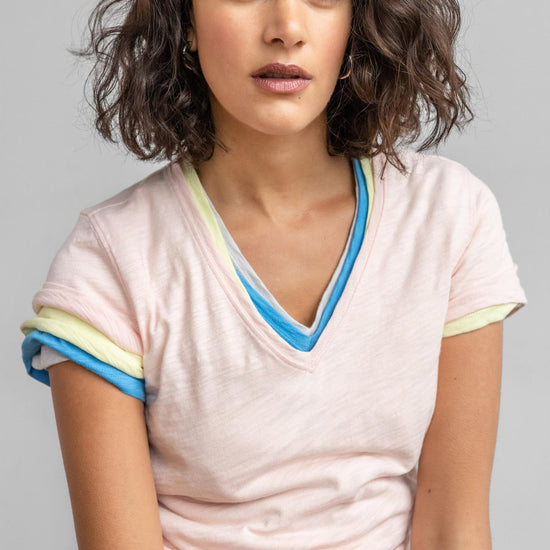 V-Neck Short Sleeve Back Seam Tee in color Pink Blossom Image C1