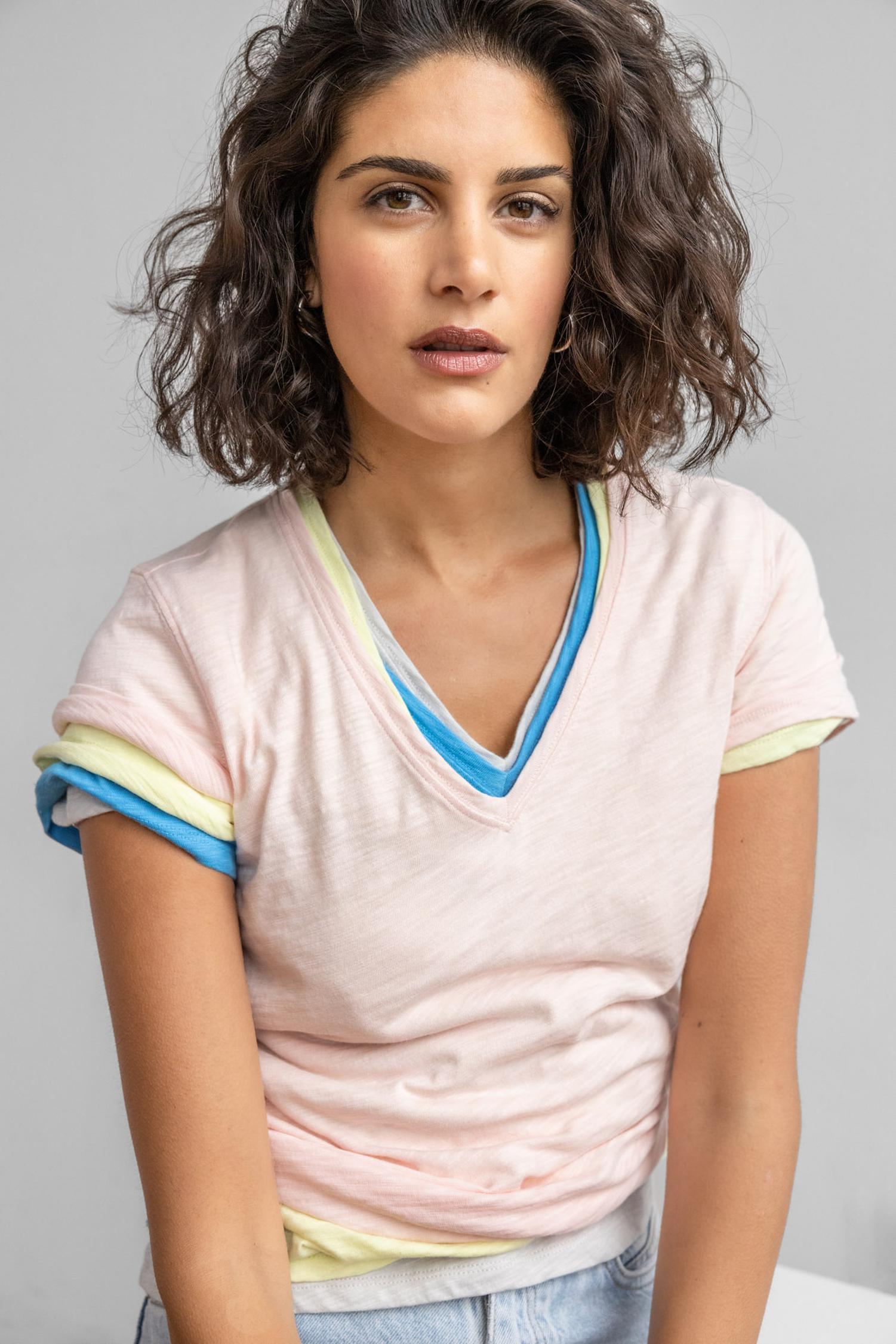 V-Neck Short Sleeve Back Seam Tee in color Pink Blossom Image C1