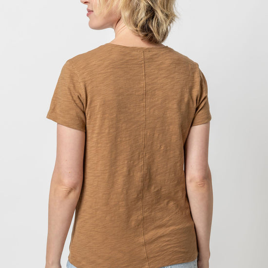 V-Neck Short Sleeve Back Seam Tee in color Russet Image A2