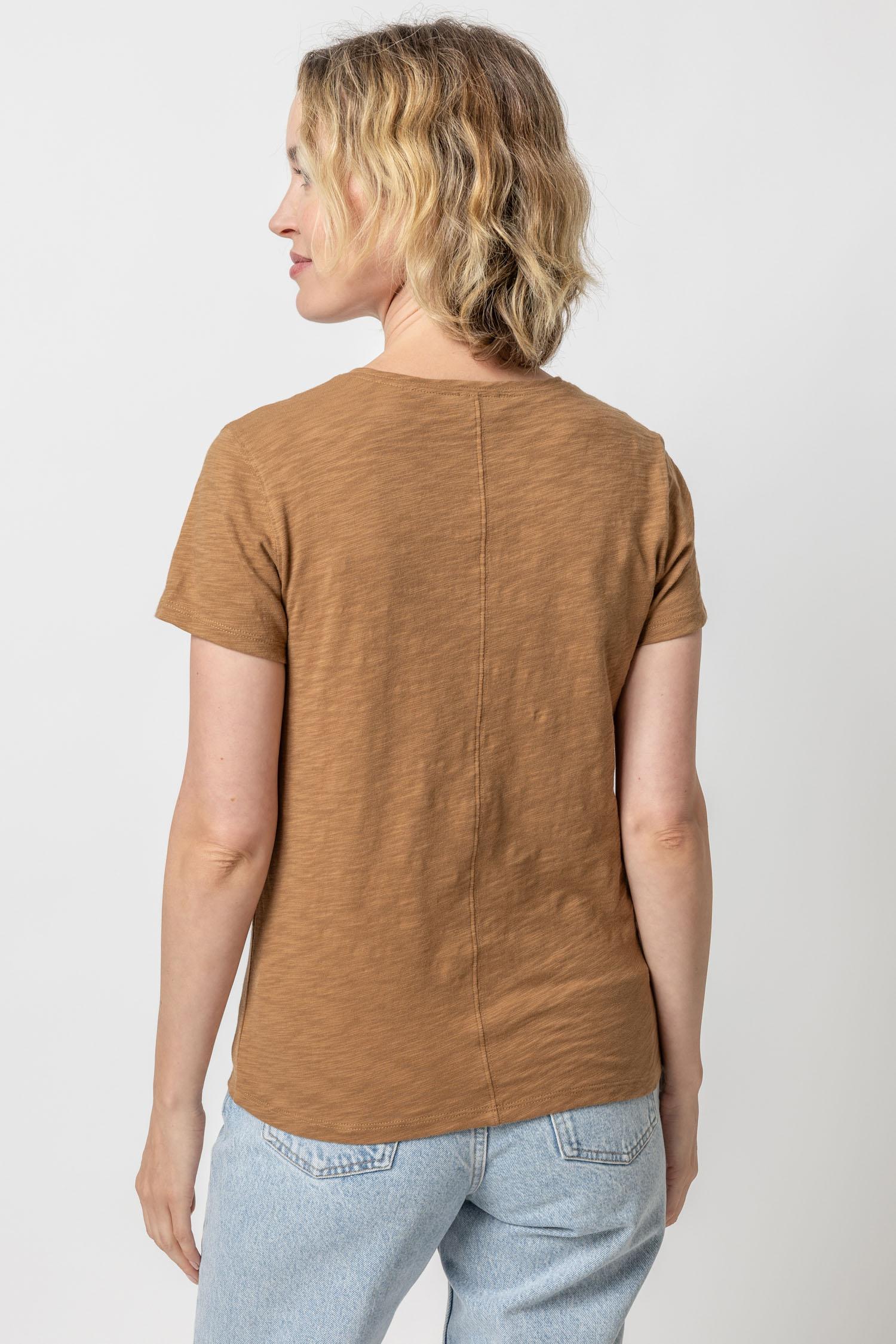 V-Neck Short Sleeve Back Seam Tee in color Russet Image A2