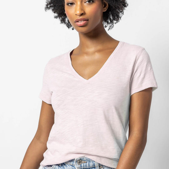 V-Neck Short Sleeve Back Seam Tee in color Soft Orchid Image A1