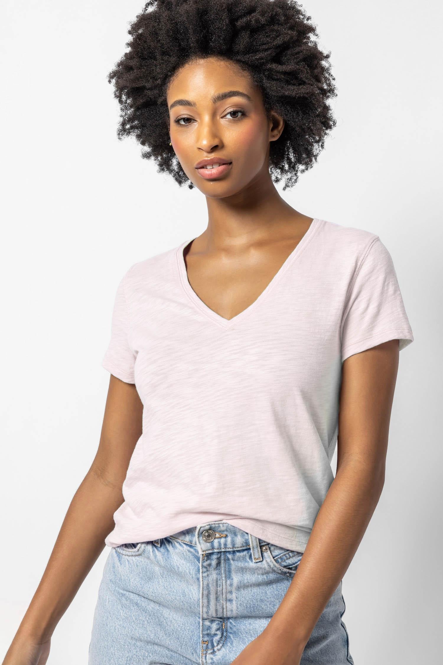 V-Neck Short Sleeve Back Seam Tee in color Soft Orchid Image A1