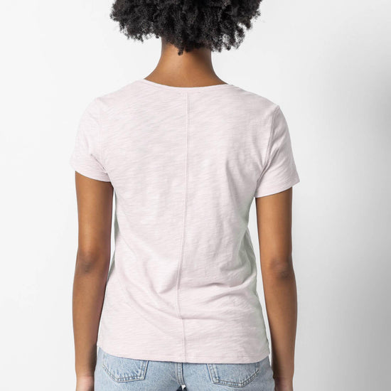 V-Neck Short Sleeve Back Seam Tee in color Soft Orchid Image A2