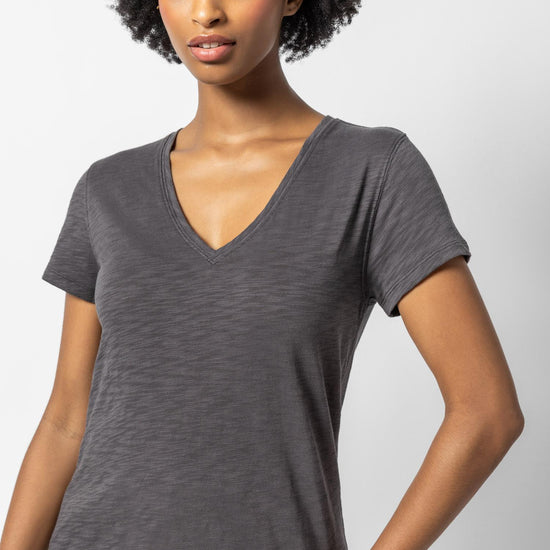 V-Neck Short Sleeve Back Seam Tee in color Stingray Image A1
