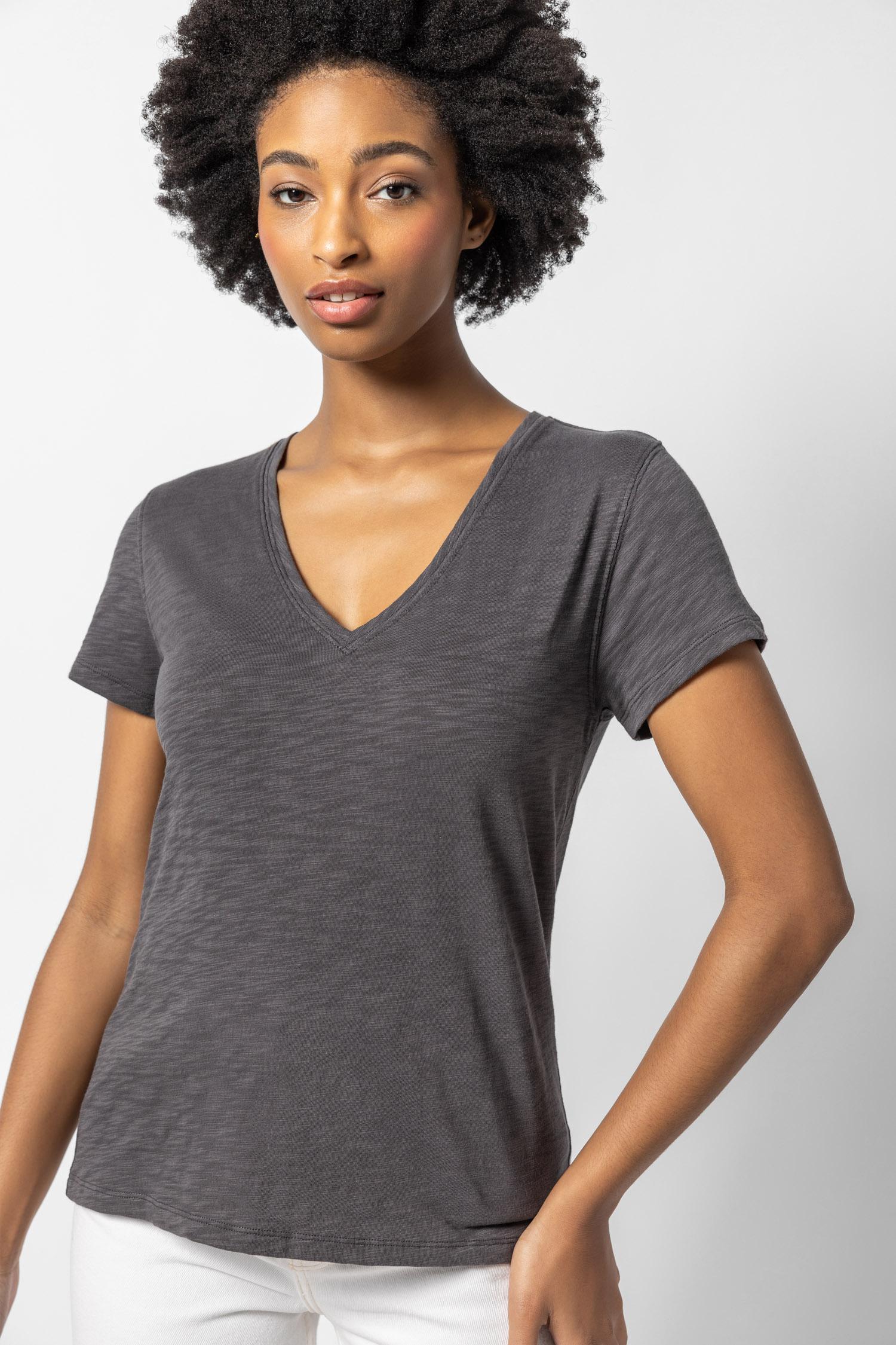 V-Neck Short Sleeve Back Seam Tee in color Stingray Image A1
