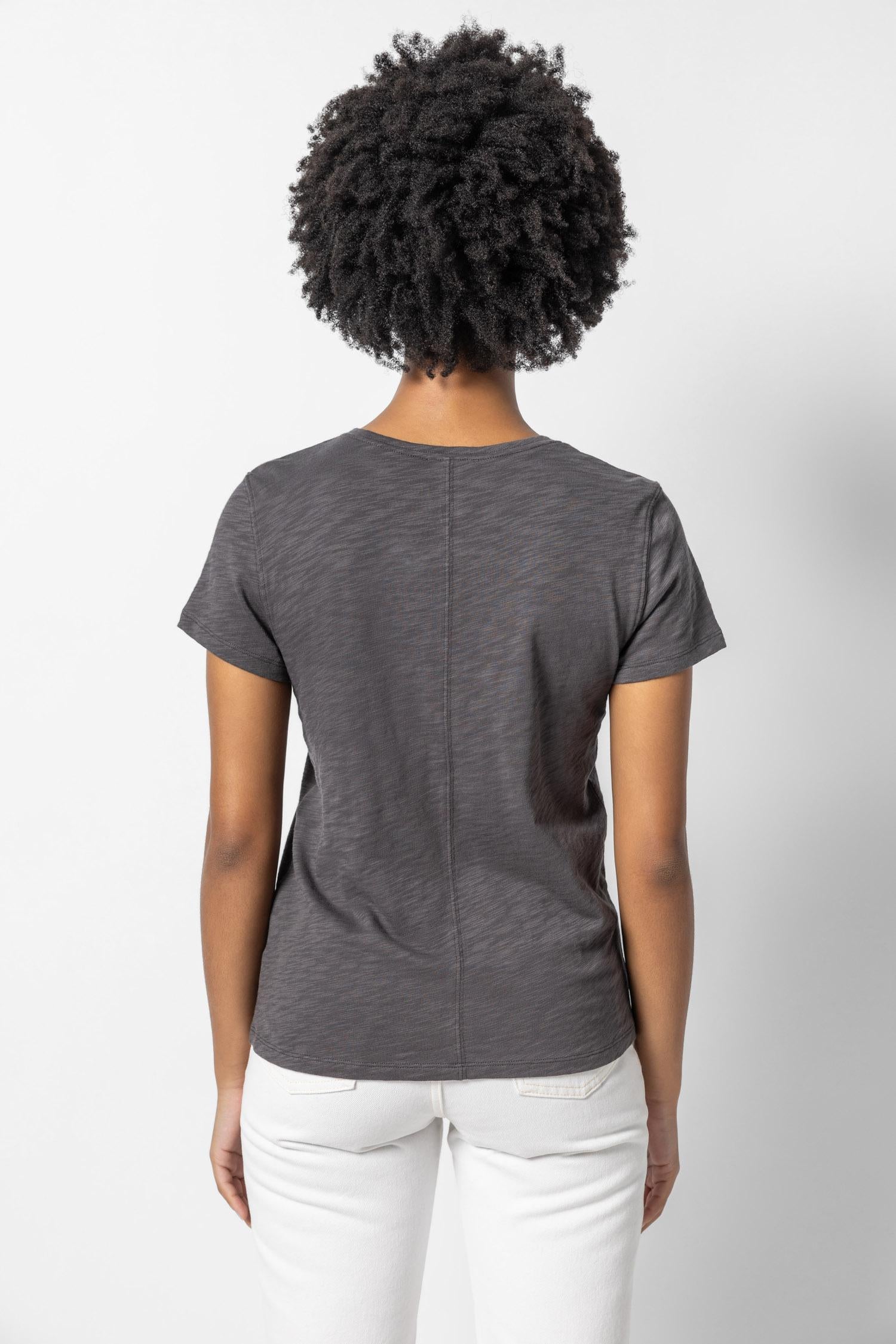 V-Neck Short Sleeve Back Seam Tee in color Stingray Image A2